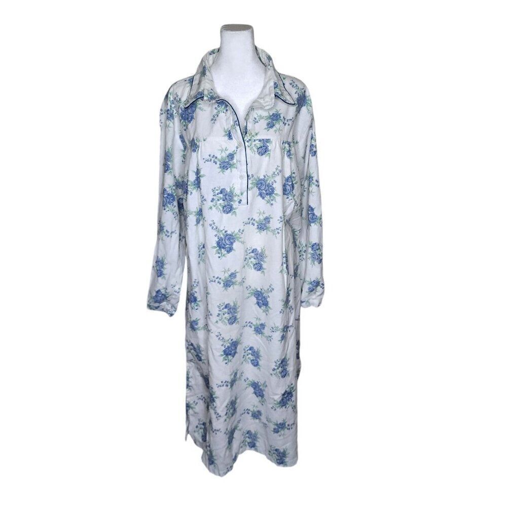 Country Store Flannel Nightgown Womens 2XL White Blue Floral